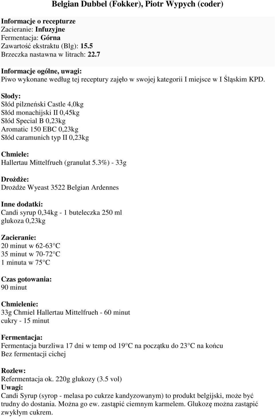 Słód pilzneński Castle 4,0kg Słód monachijski II 0,45kg Słód Special B 0,23kg Aromatic 150 EBC 0,23kg Słód caramunich typ II 0,23kg Hallertau Mittelfrueh (granulat 5.