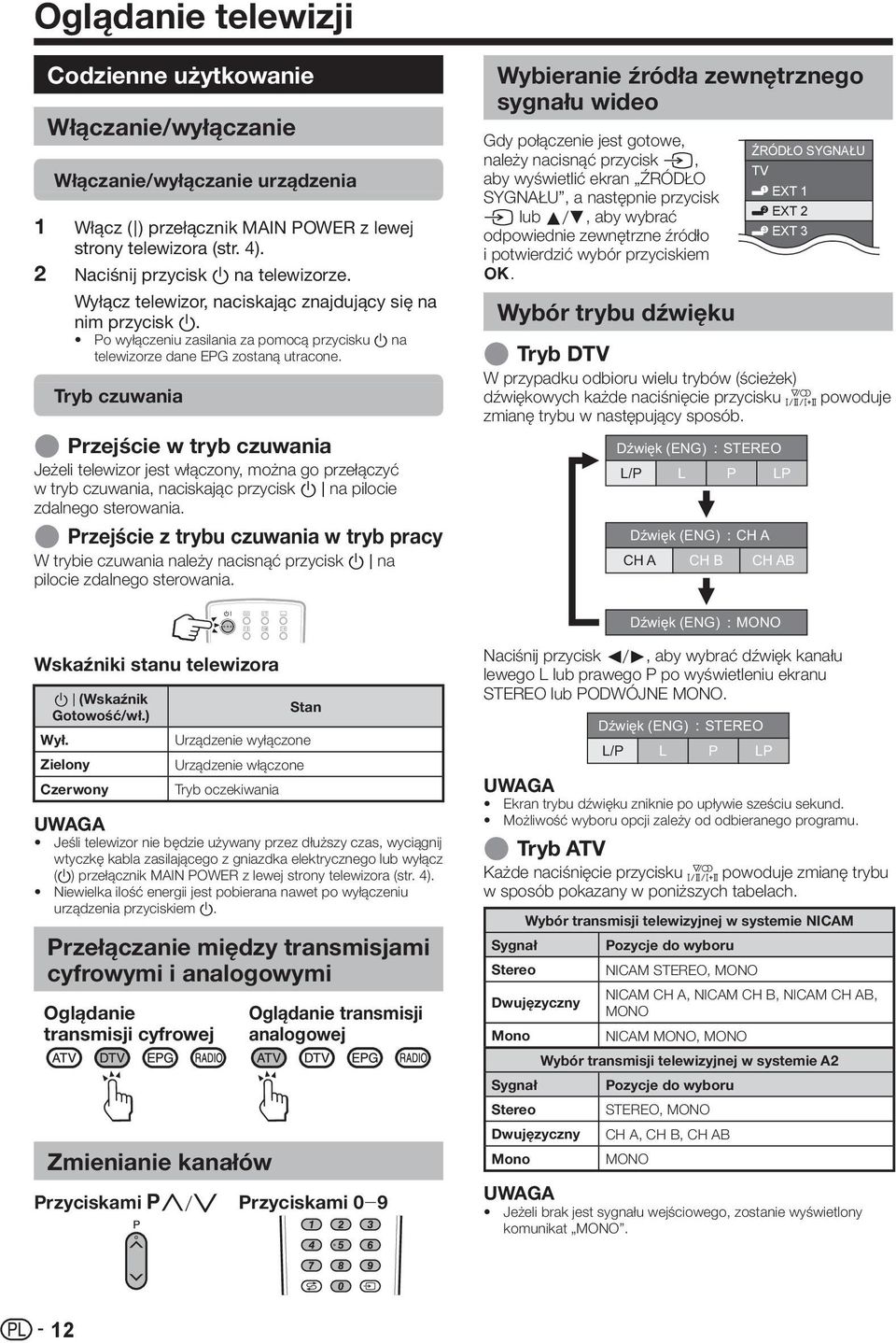 Tryb czuwania E Przejście w tryb czuwania Jeżeli telewizor jest włączony, można go przełączyć w tryb czuwania, naciskając przycisk B na pilocie zdalnego sterowania.