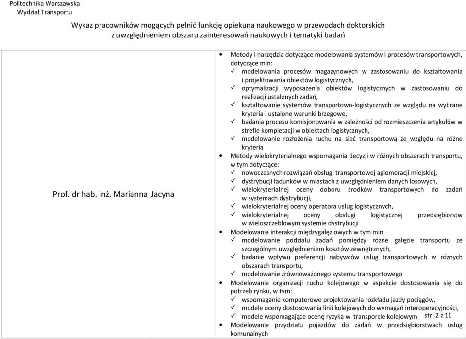 logistycznych, optymalizacji wyposażenia obiektów logistycznych w zastosowaniu do realizacji ustalonych zadań, kształtowanie systemów transportowo-logistycznych ze względu na wybrane kryteria i