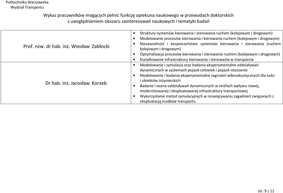 Jarosław Korzeb Struktury systemów kierowania i sterowania ruchem (kolejowym i drogowym) Modelowanie procesów sterowania i kierowania ruchem (kolejowym i drogowym) Niezawodność i bezpieczeństwo