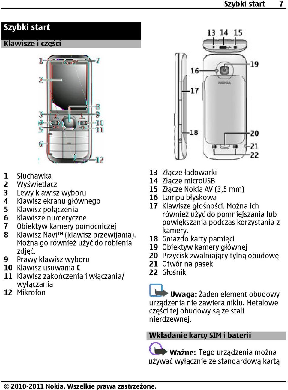 9 Prawy klawisz wyboru 10 Klawisz usuwania C 11 Klawisz zakończenia i włączania/ wyłączania 12 Mikrofon 13 Złącze ładowarki 14 Złącze microusb 15 Złącze Nokia AV (3,5 mm) 16 Lampa błyskowa 17