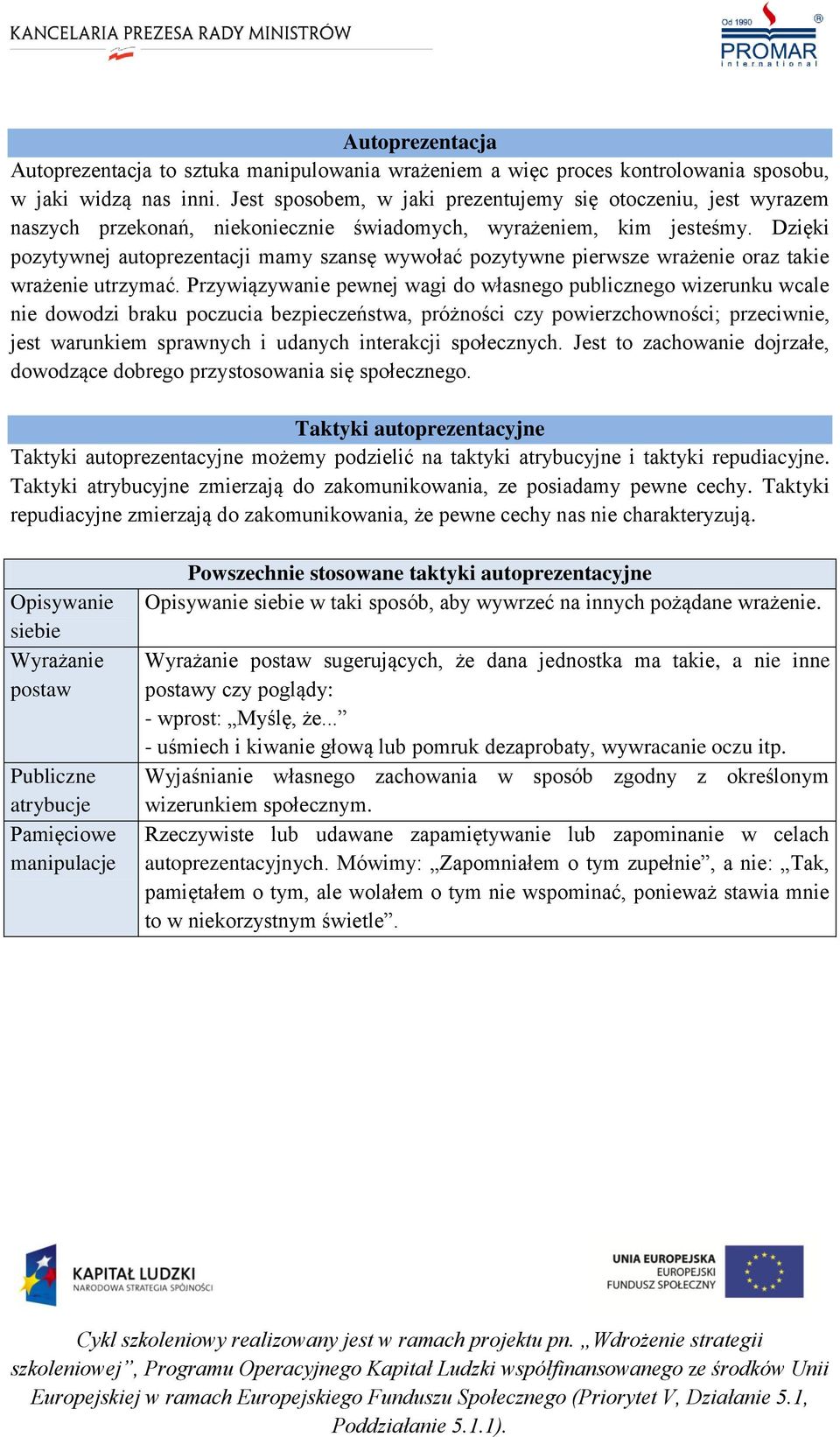 Dzięki pozytywnej autoprezentacji mamy szansę wywołać pozytywne pierwsze wrażenie oraz takie wrażenie utrzymać.