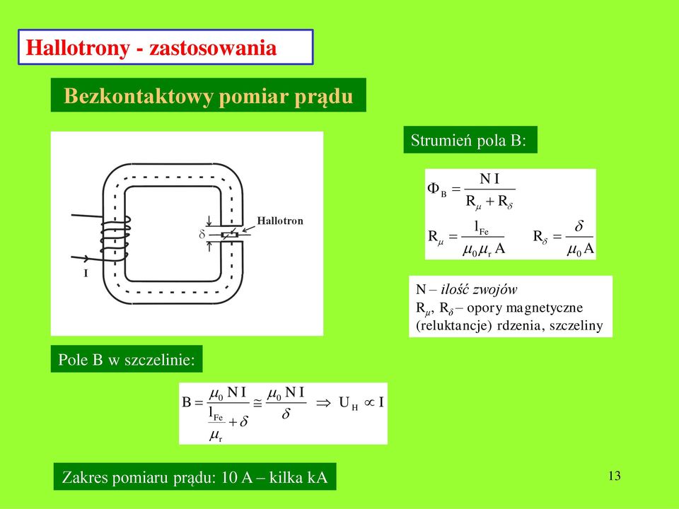 opory magnetyczne (reluktancje) rdzenia, szczeliny Pole B w