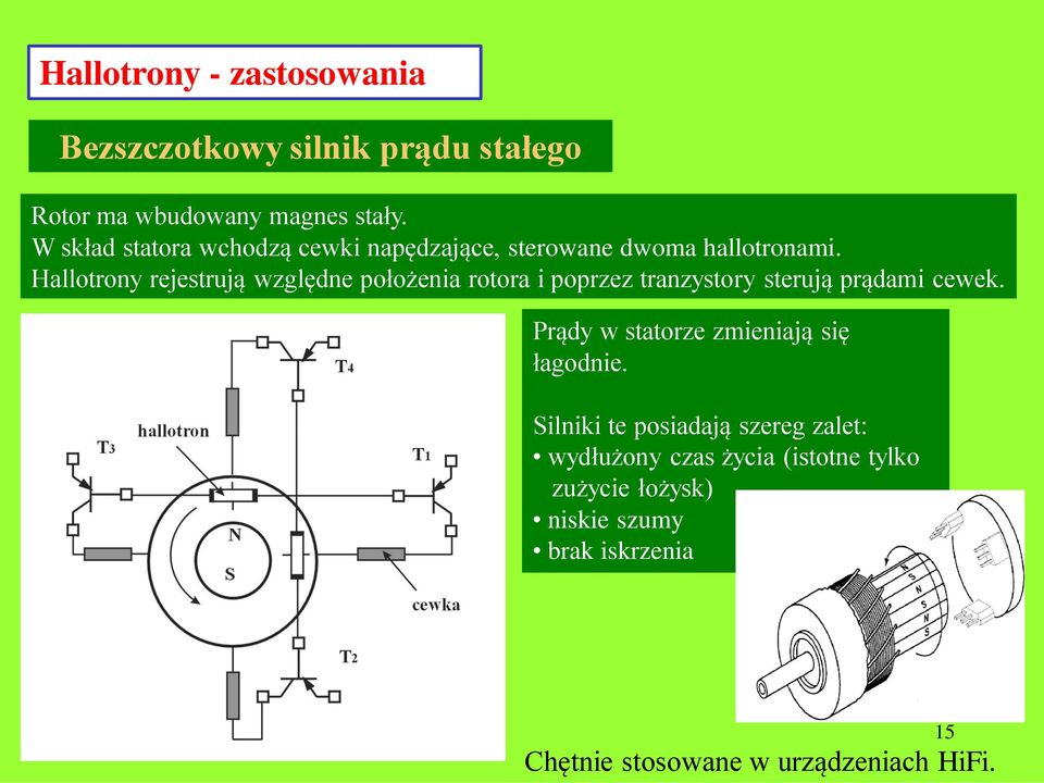 Hallotrony rejestrują względne położenia rotora i poprzez tranzystory sterują prądami cewek.