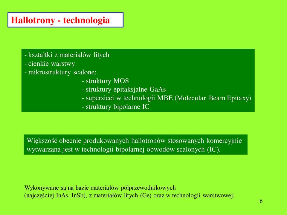 obecnie produkowanych hallotronów stosowanych komercyjnie wytwarzana jest w technologii bipolarnej obwodów scalonych (IC).