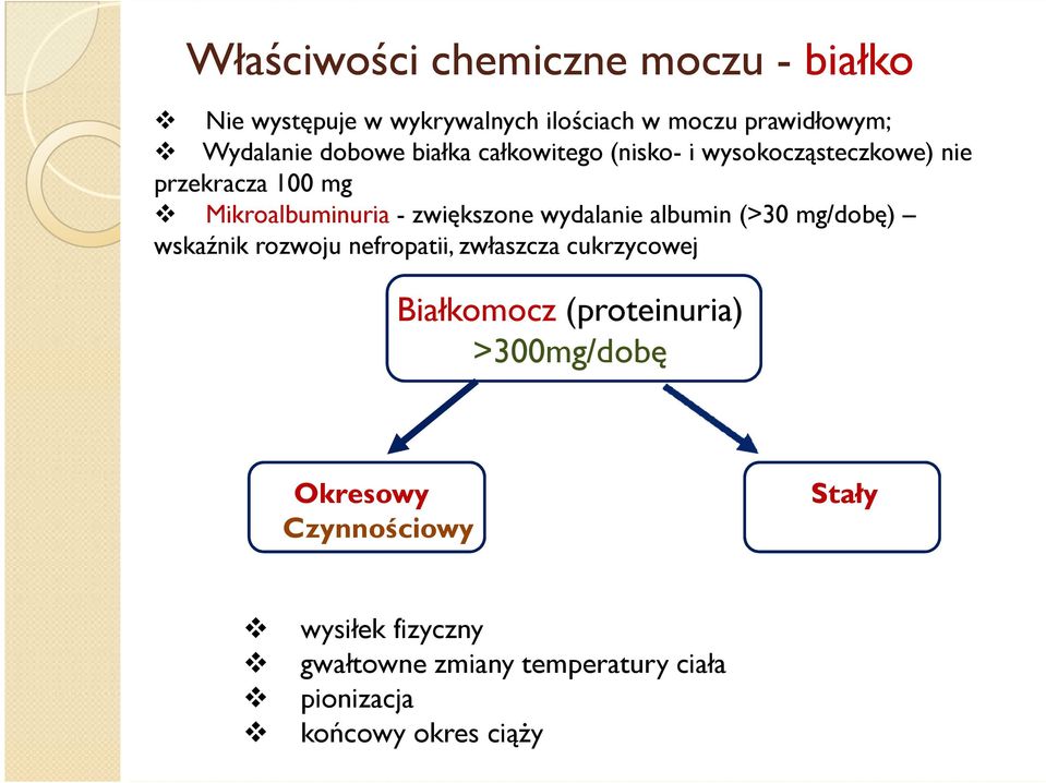 wydalanie albumin (>30 mg/dobę) wskaźnik rozwoju nefropatii, zwłaszcza cukrzycowej Białkomocz (proteinuria)