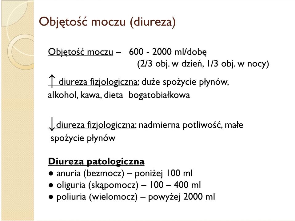 diureza fizjologiczna: nadmierna potliwość, małe spoŝycie płynów Diureza patologiczna