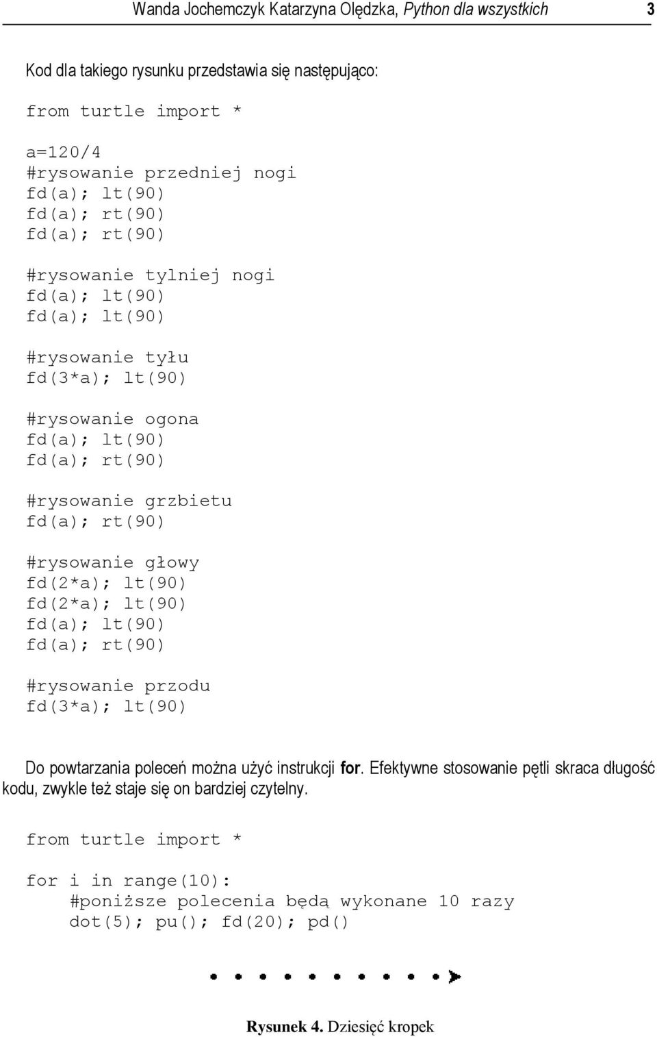 fd(2*a); lt(90) fd(2*a); lt(90) fd(a); rt(90) #rysowanie przodu fd(3*a); lt(90) Do powtarzania poleceń można użyć instrukcji for.