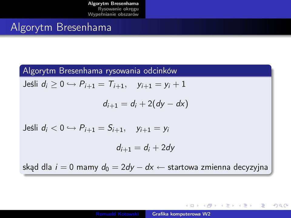 2(dy dx) Jeśli d i < 0 P i+1 = S i+1, y i+1 = y i d i+1 = d