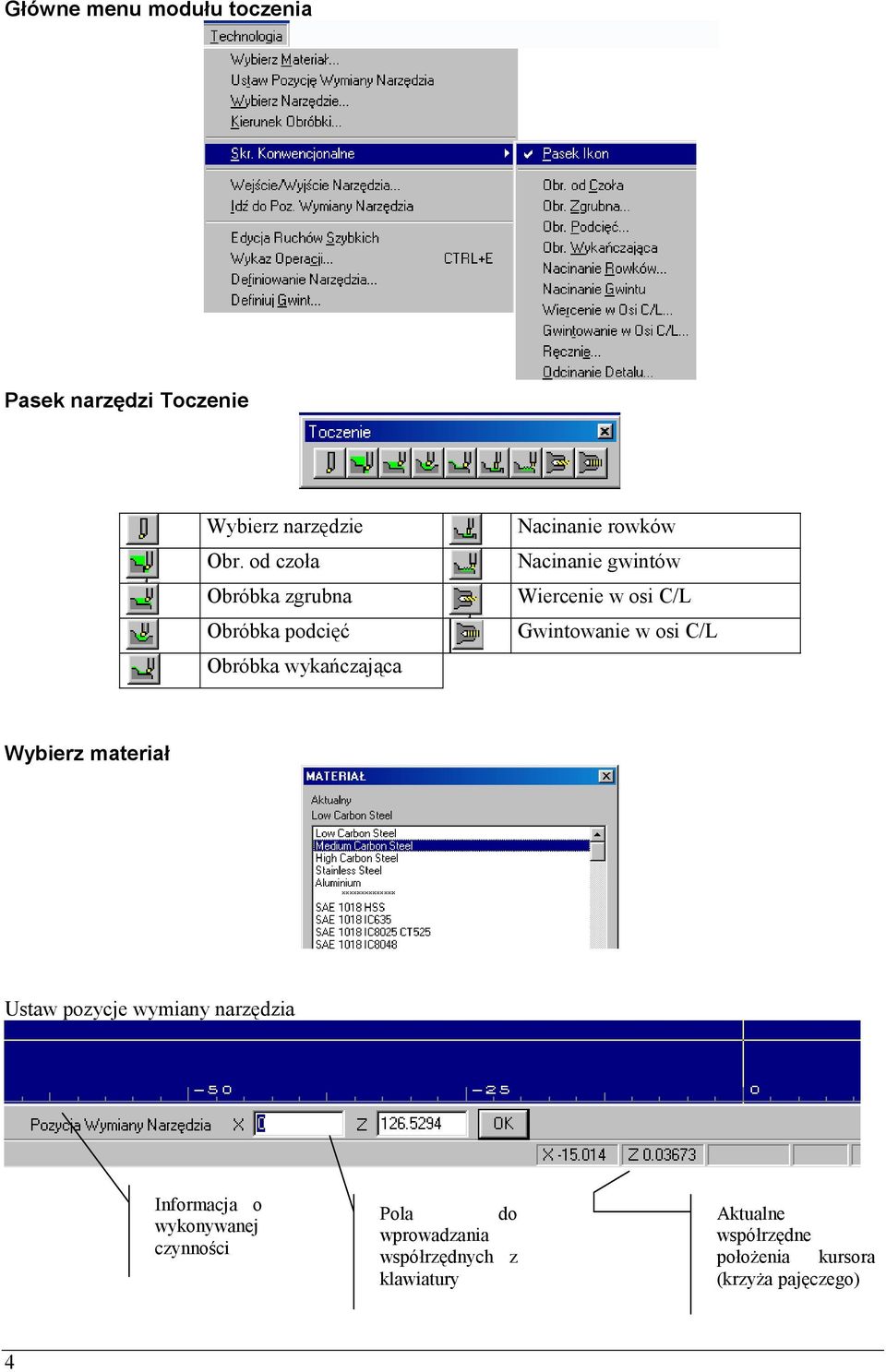 Wiercenie w osi C/L Gwintowanie w osi C/L Wybierz materiał Ustaw pozycje wymiany narzędzia Informacja