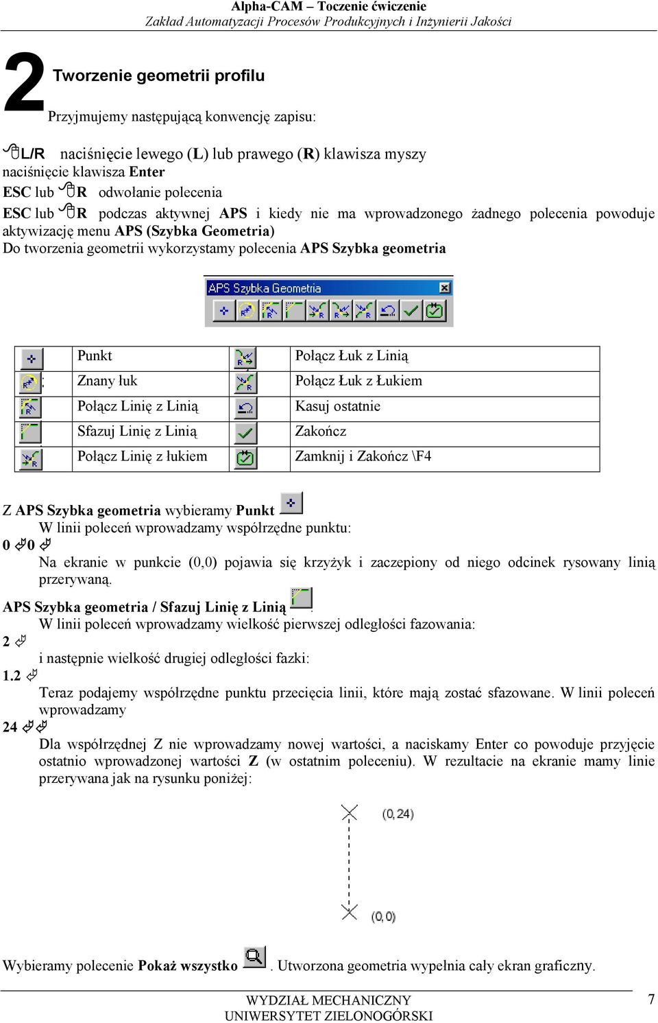 Geometria) Do tworzenia geometrii wykorzystamy polecenia APS Szybka geometria Punkt Połącz Łuk z Linią Znany łuk Połącz Łuk z Łukiem Połącz Linię z Linią Kasuj ostatnie Sfazuj Linię z Linią Zakończ