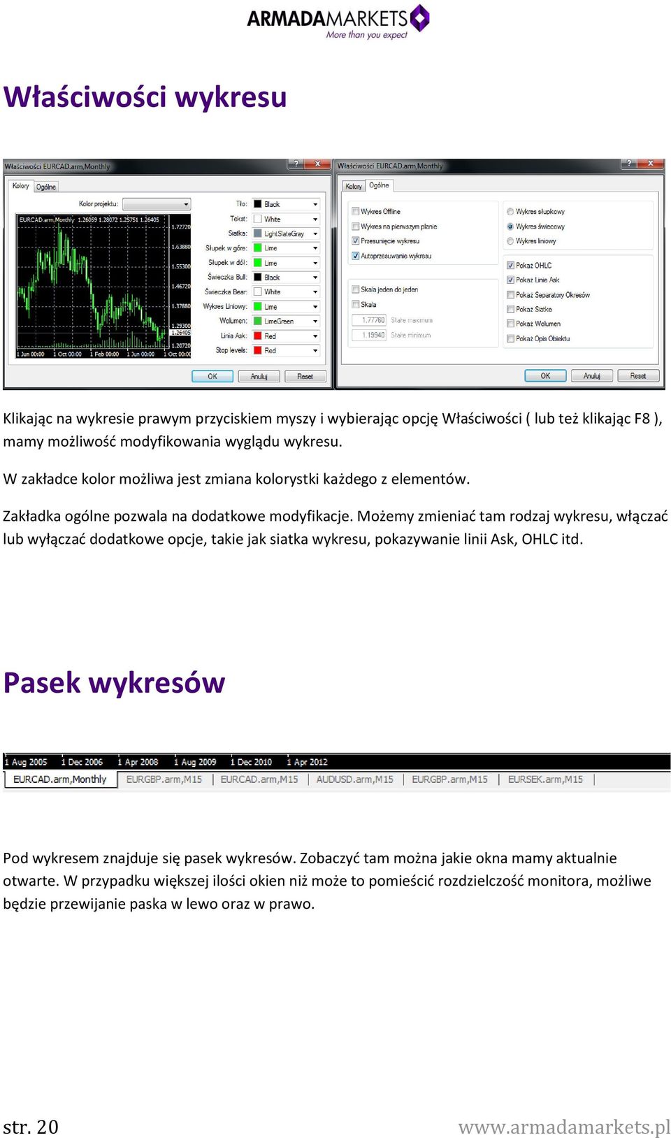 Możemy zmieniać tam rodzaj wykresu, włączać lub wyłączać dodatkowe opcje, takie jak siatka wykresu, pokazywanie linii Ask, OHLC itd.