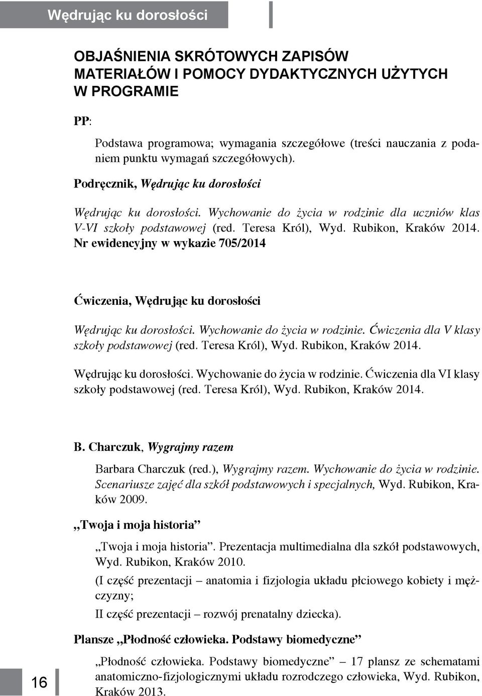 Nr ewidencyjny w wykazie 705/2014 Ćwiczenia, Wędrując ku dorosłości Wędrując ku dorosłości. Wychowanie do życia w rodzinie. Ćwiczenia dla V klasy szkoły podstawowej (red. Teresa Król), Wyd.