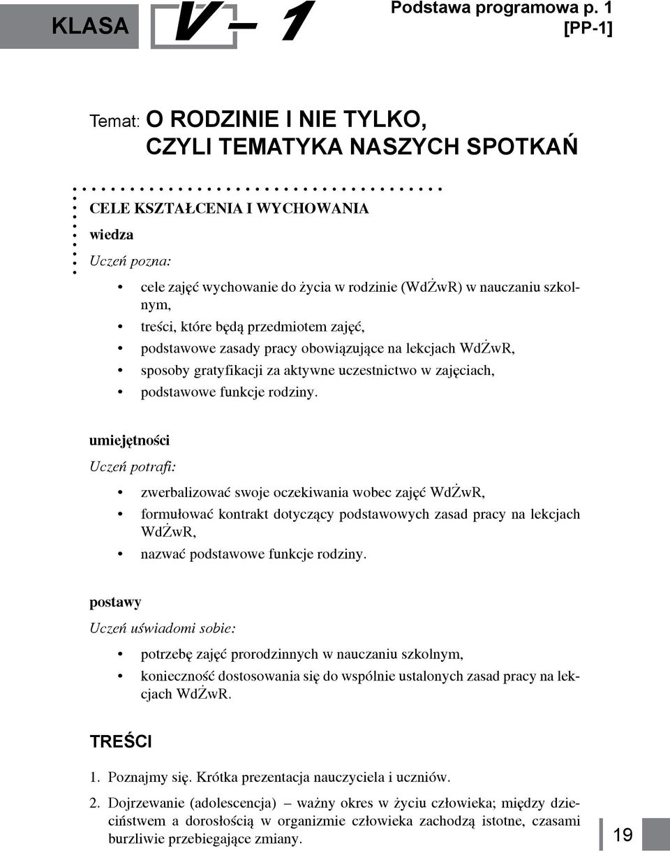 treści, które będą przedmiotem zajęć, podstawowe zasady pracy obowiązujące na lekcjach WdŻwR, sposoby gratyfikacji za aktywne uczestnictwo w zajęciach, podstawowe funkcje rodziny.