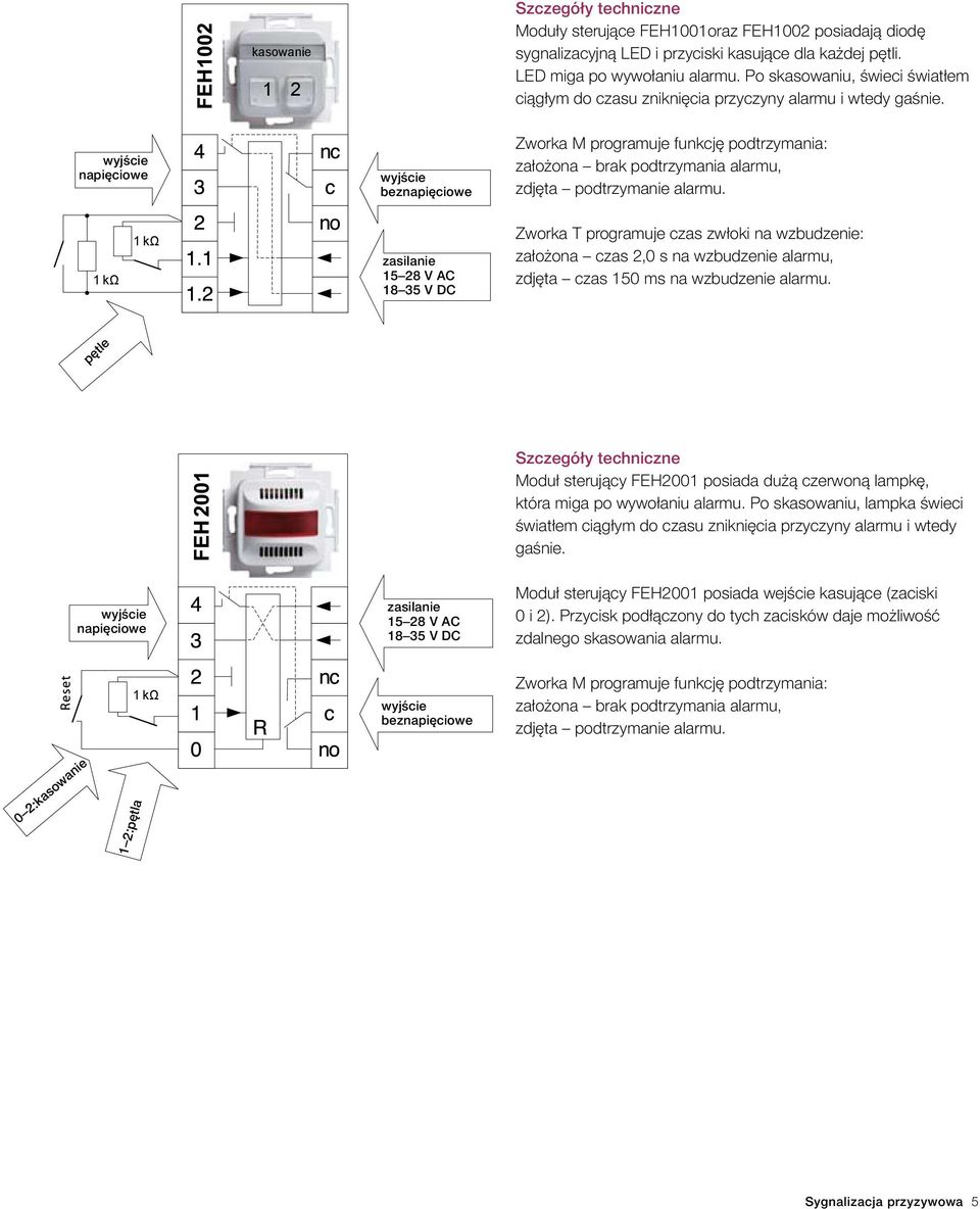 wyjście napięciowe wyjście beznapięciowe Zworka M programuje funkcję podtrzymania: założona brak podtrzymania alarmu, zdjęta podtrzymanie alarmu.