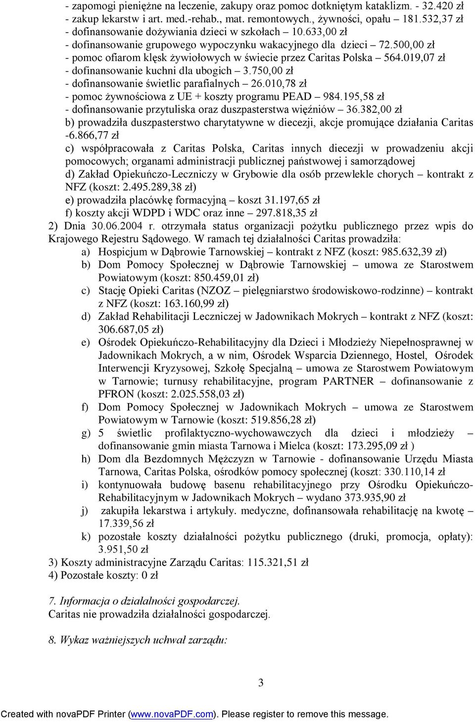 500,00 zł - pomoc ofiarom klęsk żywiołowych w świecie przez Caritas Polska 564.019,07 zł - dofinansowanie kuchni dla ubogich 3.750,00 zł - dofinansowanie świetlic parafialnych 26.