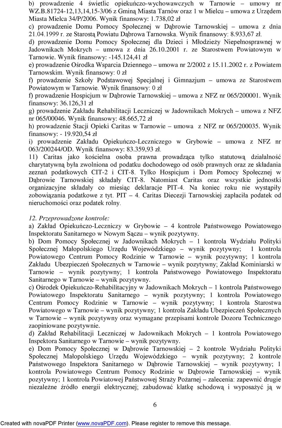 d) prowadzenie Domu Pomocy Społecznej dla Dzieci i Młodzieży Niepełnosprawnej w Jadownikach Mokrych umowa z dnia 26.10.2001 r. ze Starostwem Powiatowym w Tarnowie. Wynik finansowy: -145.