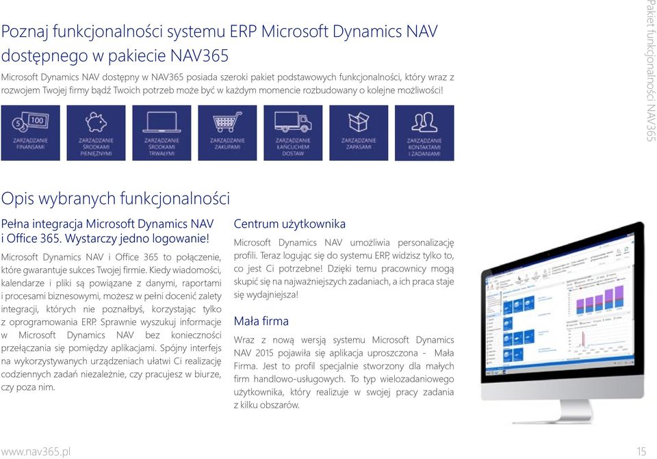 Pakiet funkcjonalności NAV365 Opis wybranych funkcjonalności Pełna integracja Microsoft Dynamics NAV i Office 365. Wystarczy jedno logowanie!