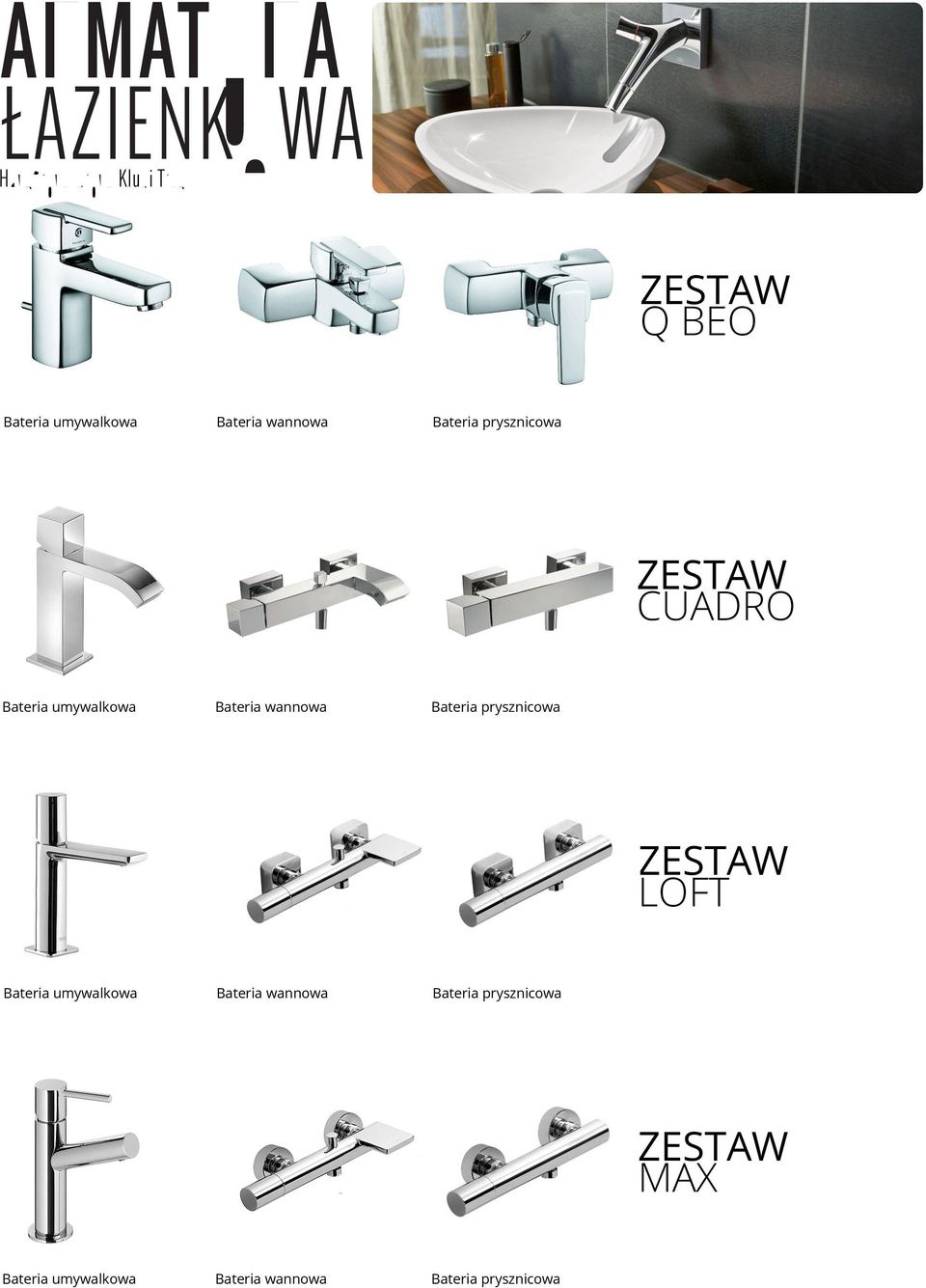 wannowa Bateria prysznicowa ZESTAW LOFT Bateria umywalkowa Bateria wannowa