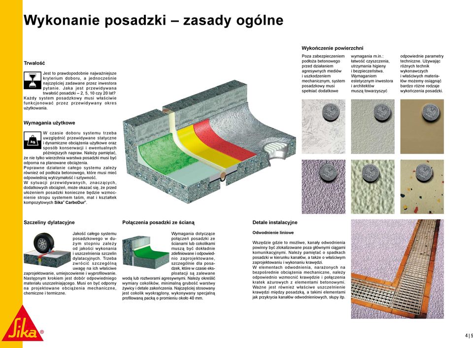 Wykończenie powierzchni Poza zabezpieczeniem podłoża betonowego przed działaniem agresywnych mediów i uszkodzeniem mechanicznym, system posadzkowy musi spełniać dodatkowe wymagania m.in.