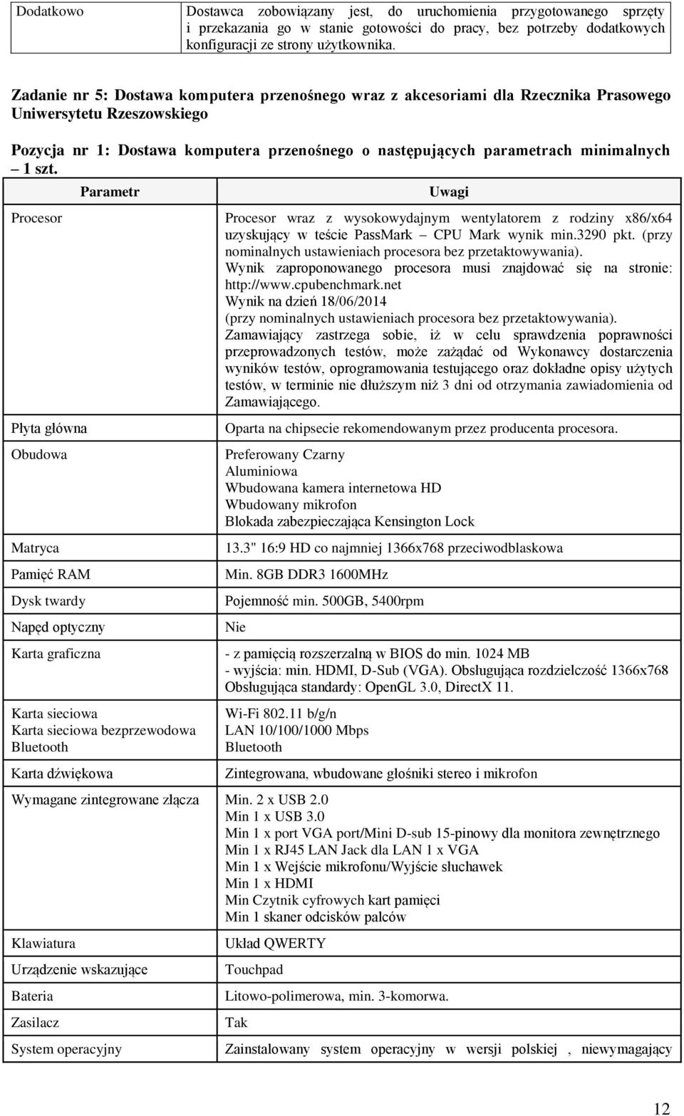 szt. Procesor Płyta główna Obudowa Matryca Pamięć RAM Dysk twardy Napęd optyczny Karta graficzna Parametr Karta sieciowa Karta sieciowa bezprzewodowa Bluetooth Karta dźwiękowa Uwagi Procesor wraz z