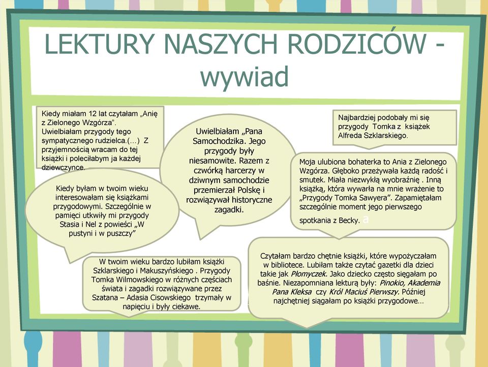 Szczególnie w pamięci utkwiły mi przygody Stasia i Nel z powieści W pustyni i w puszczy Uwielbiałam Pana Samochodzika. Jego przygody były niesamowite.