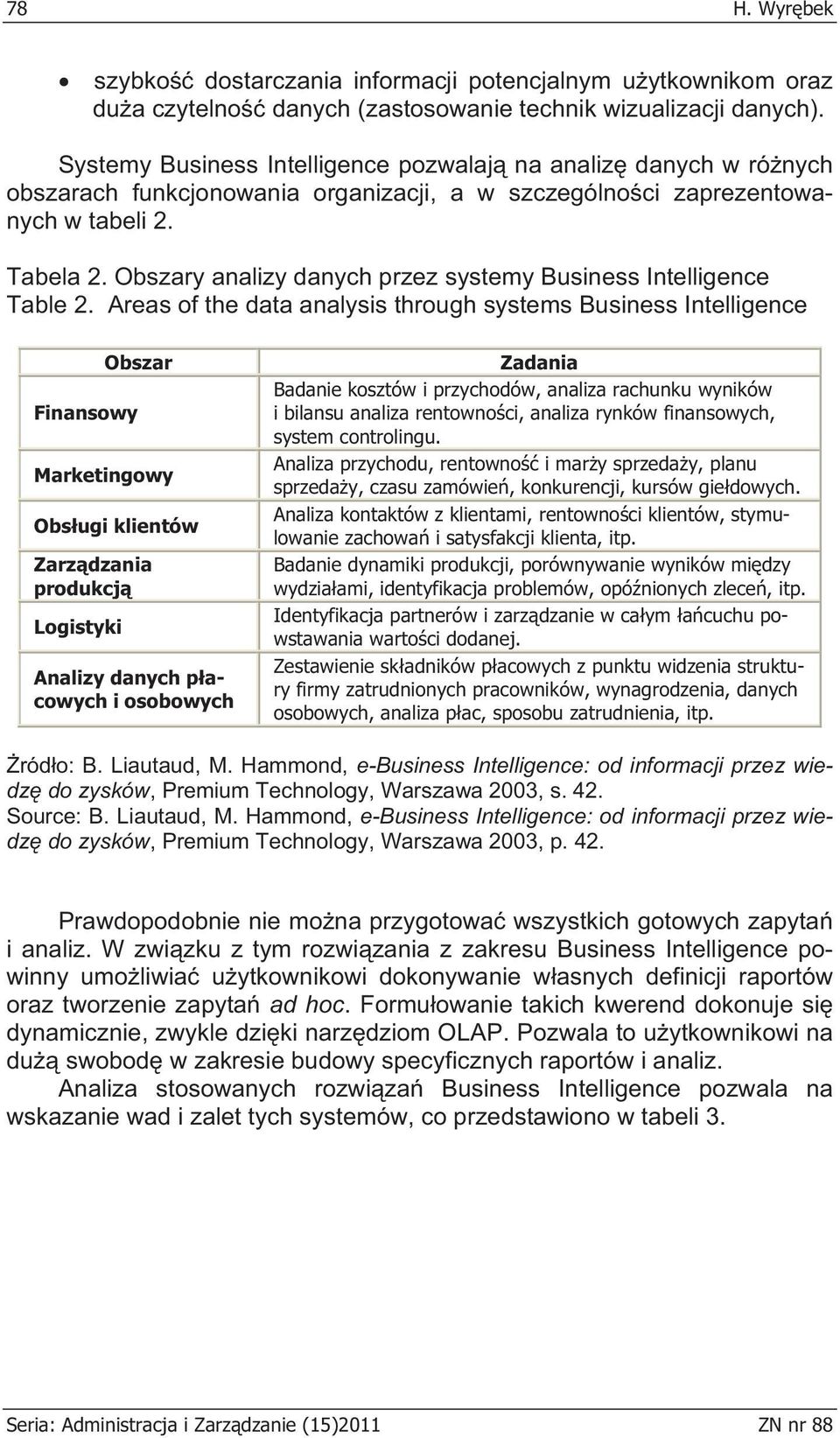 Obszary analizy danych przez systemy Business Intelligence Table 2.
