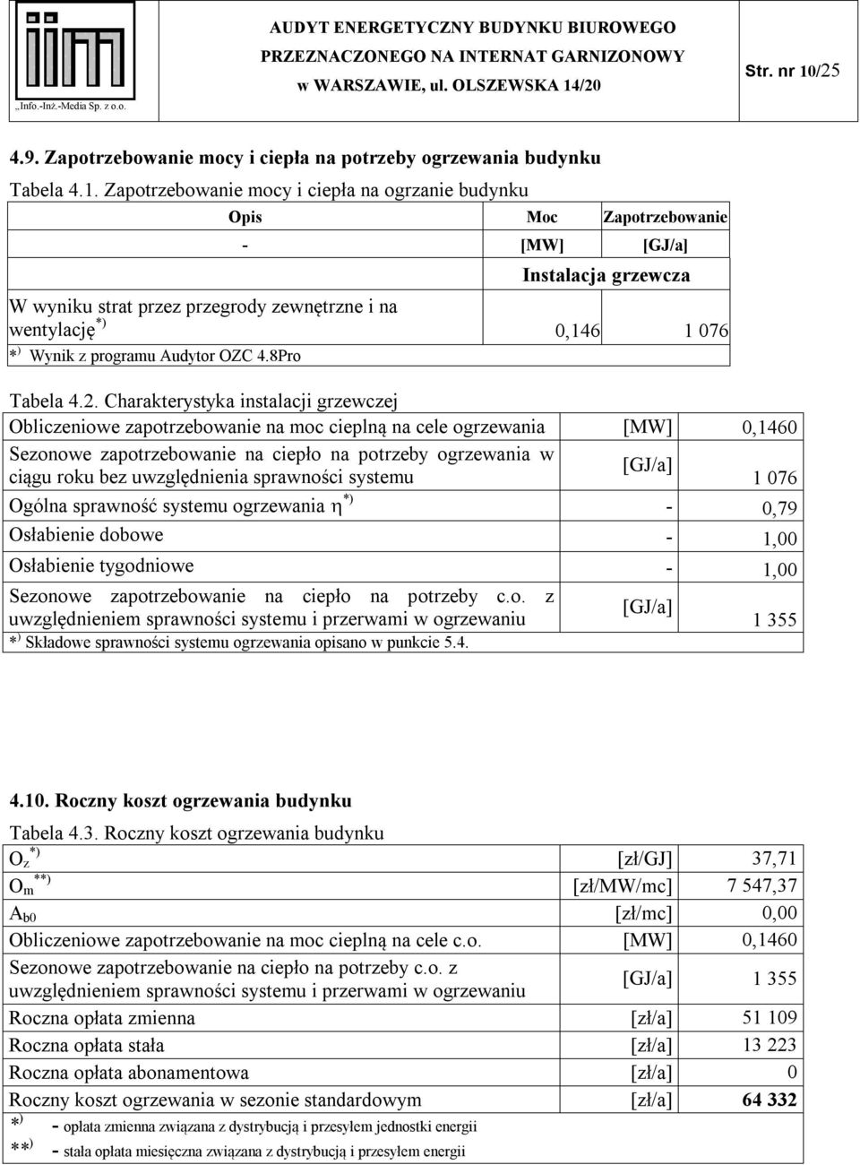 Zapotrzebowanie mocy i ciepła na ogrzanie budynku Opis Moc Zapotrzebowanie - [MW] [GJ/a] Instalacja grzewcza W wyniku strat przez przegrody zewnętrzne i na wentylację *) 0,146 1 076 * ) Wynik z