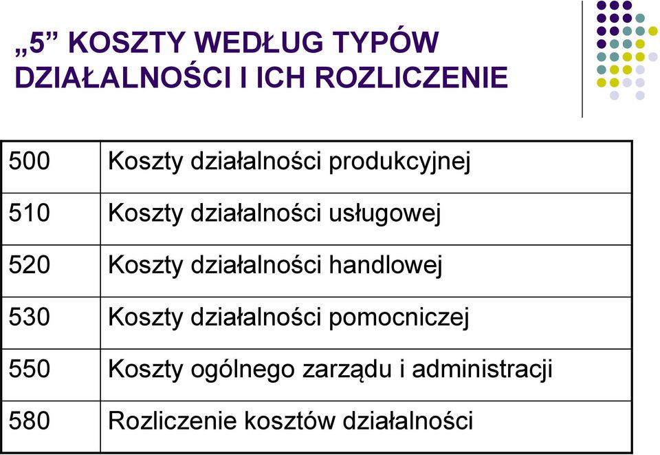 Koszty działalności handlowej 530 Koszty działalności pomocniczej