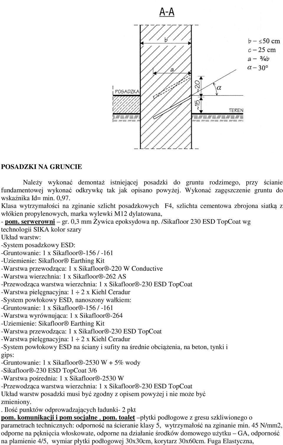 Klasa wytrzymałości na zginanie szlicht posadzkowych F4, szlichta cementowa zbrojona siatką z włókien propylenowych, marka wylewki M12 dylatowana, - pom. serwerowni gr. 0,3 mm Żywica epoksydowa np.