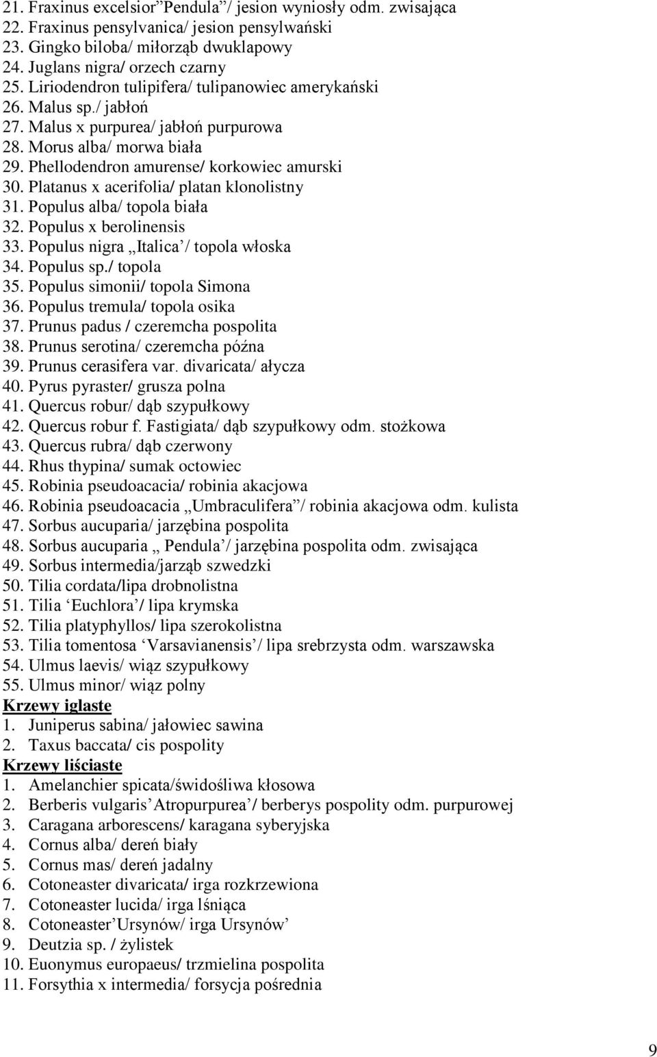 Platanus x acerifolia/ platan klonolistny 31. Populus alba/ topola biała 32. Populus x berolinensis 33. Populus nigra Italica / topola włoska 34. Populus sp./ topola 35.