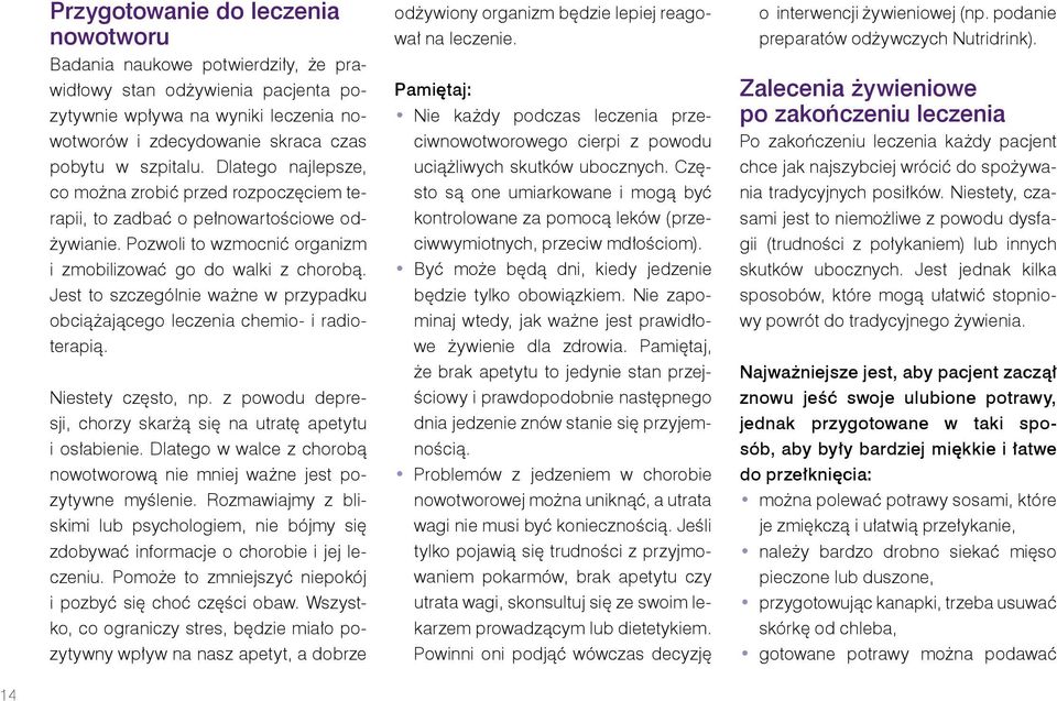 Jest to szczególnie ważne w przypadku obciążającego leczenia chemio- i radioterapią. Niestety często, np. z powodu depresji, chorzy skarżą się na utratę apetytu i osłabienie.