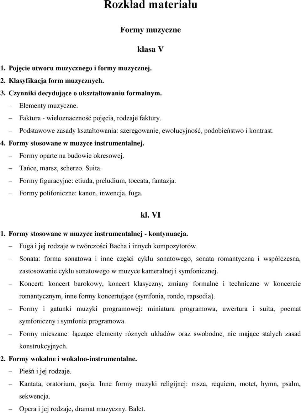 Formy oparte na budowie okresowej. Tańce, marsz, scherzo. Suita. Formy figuracyjne: etiuda, preludium, toccata, fantazja. Formy polifoniczne: kanon, inwencja, fuga. kl. VI 1.