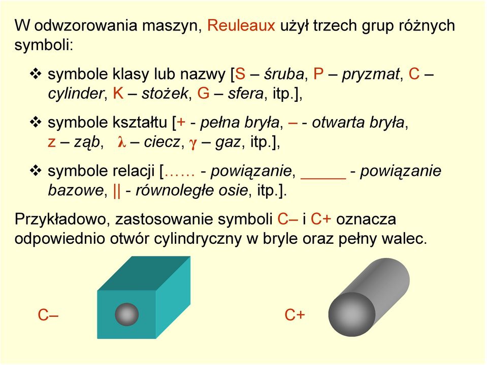 ], symbole kształtu [+ - pełna bryła, - otwarta bryła, z ząb, λ ciecz, γ gaz, itp.