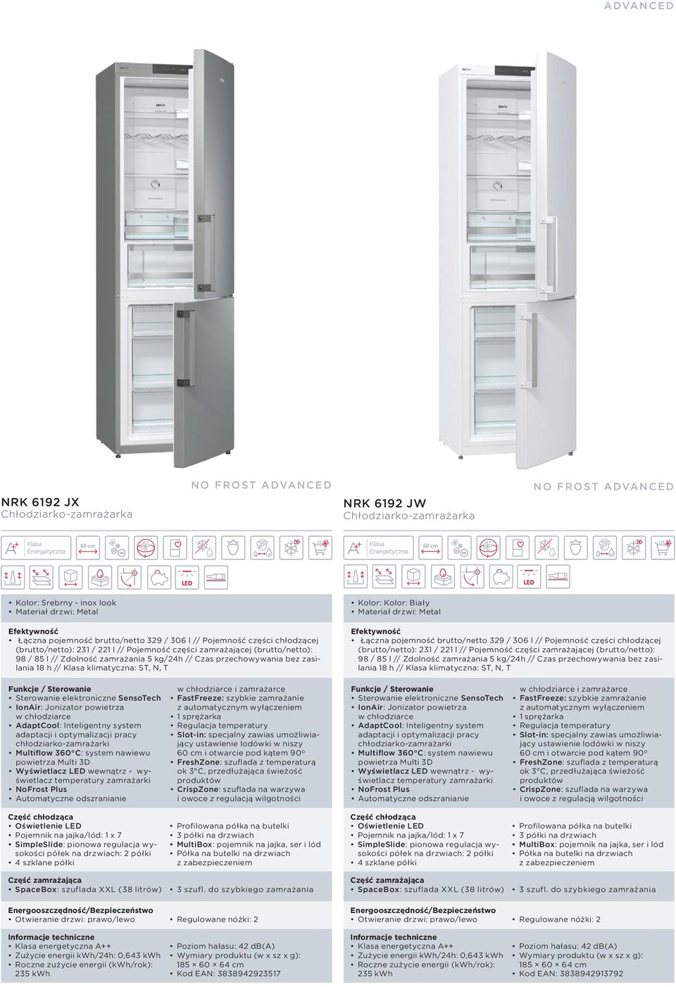 zamrażania 5 kg/24h // Czas przechowywania bez zasilania 18 h // Klasa klimatyczna: ST, N, T Funkcje / Sterowanie Sterowanie elektroniczne SensoTech IonAir: Jonizator powietrza w chłodziarce