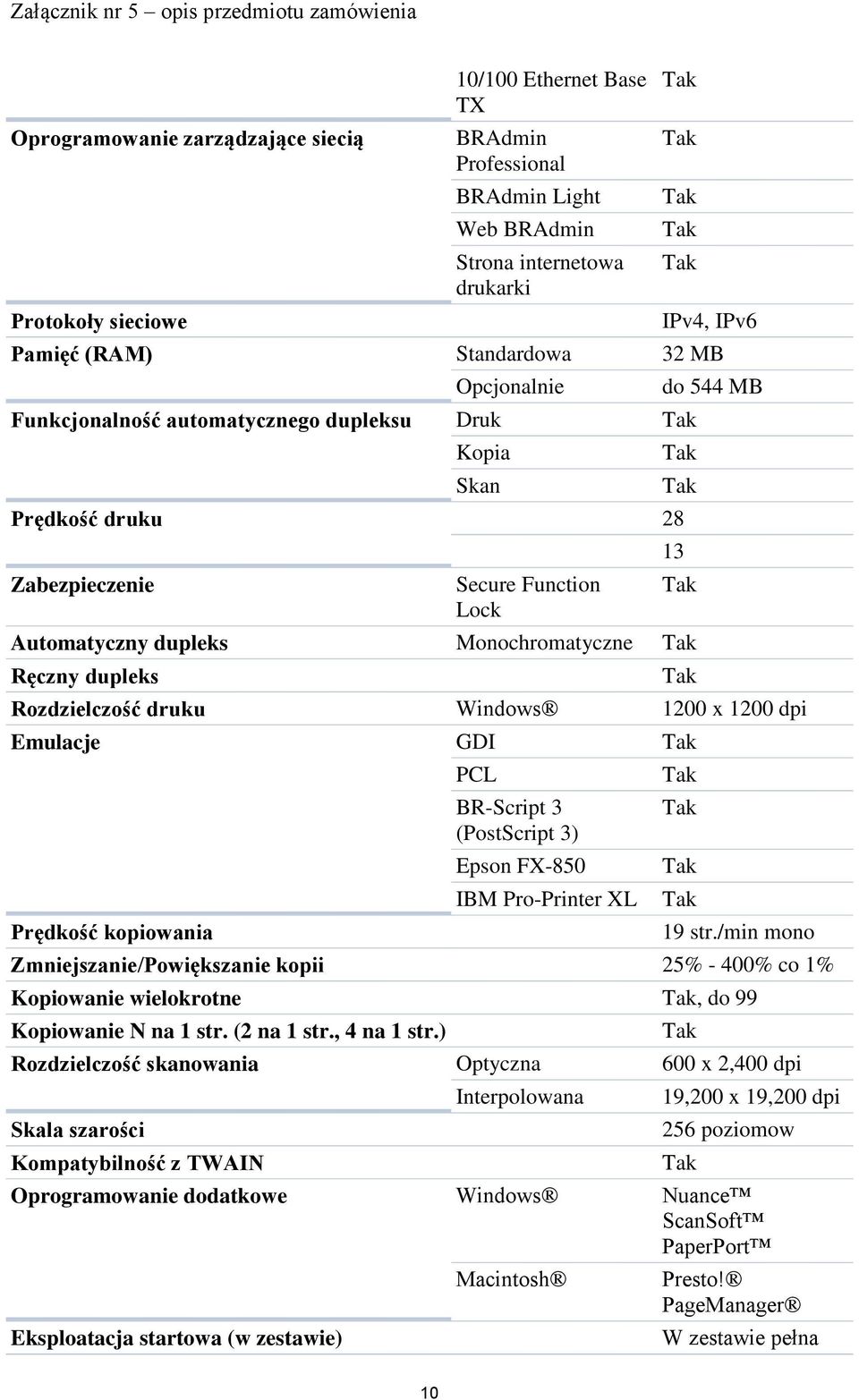 Rozdzielczość druku Windows 1200 x 1200 dpi Emulacje GDI Prędkość kopiowania PCL BR-Script 3 (PostScript 3) Epson FX-850 IBM Pro-Printer XL 19 str.