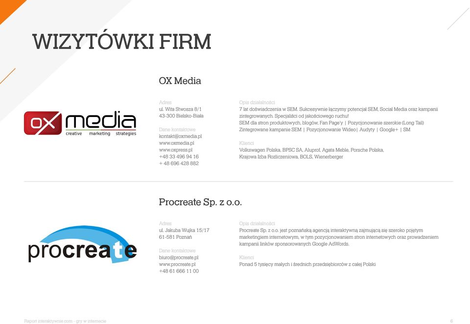 SEM dla stron produktowych, blogów, Fan Page y Pozycjonowanie szerokie (Long Tail) Zintegrowane kampanie SEM Pozycjonowanie Wideo Audyty Google+ SM Klienci Volkswagen Polska, BPSC SA, Aluprof, Agata