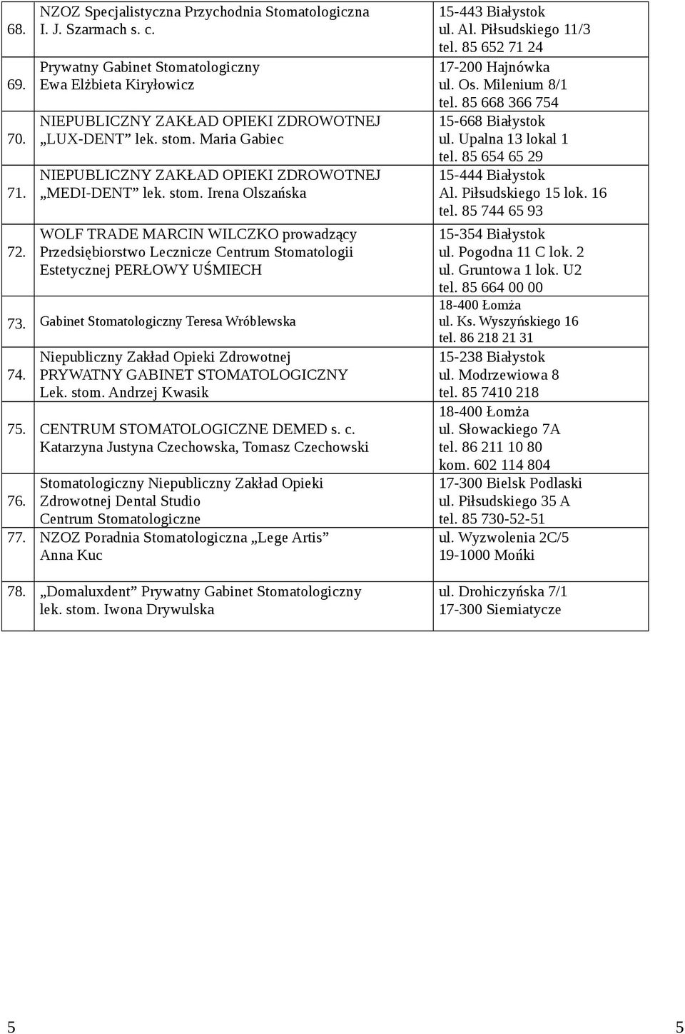 Gabinet Stomatologiczny Teresa Wróblewska 74. PRYWATNY GABINET STOMATOLOGICZNY Lek. stom. Andrzej Kwasik 75. CENTRUM STOMATOLOGICZNE DEMED s. c.