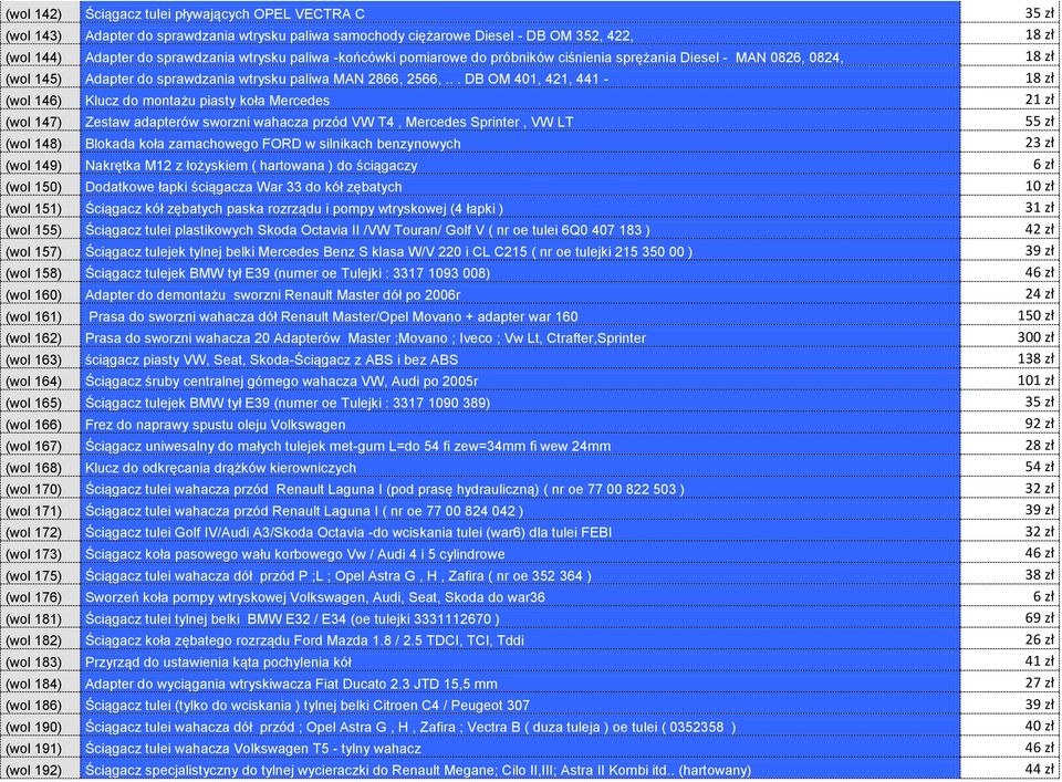 .. DB OM 401, 421, 441-18 zł (wol 146) Klucz do montażu piasty koła Mercedes 21 zł (wol 147) Zestaw adapterów sworzni wahacza przód VW T4, Mercedes Sprinter, VW LT 55 zł (wol 148) Blokada koła