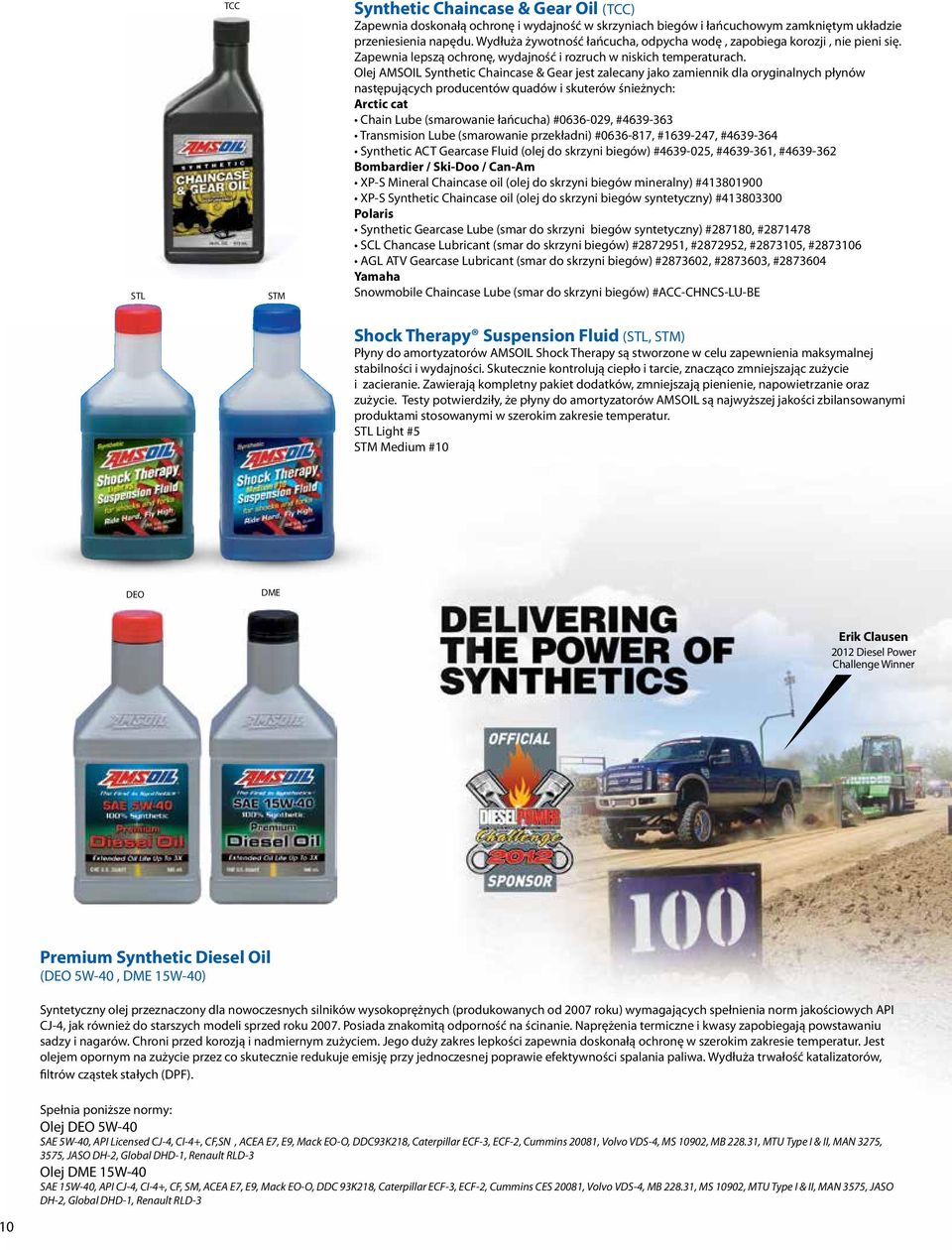 Olej AMSOIL Synthetic Chaincase & Gear jest zalecany jako zamiennik dla oryginalnych płynów następujących producentów quadów i skuterów śnieżnych: Arctic cat Chain Lube (smarowanie łańcucha)