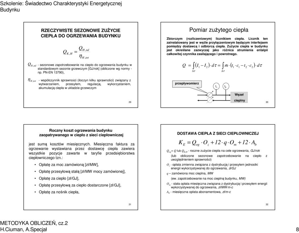 PN-EN 3790), - współczynnik sprawności (iloczyn kilku sprawności) związany z wytwarzaniem, przesyłem, regulacją, wykorzystaniem, akumulacją ciepła w układzie grzewczym Pomiar zużytego ciepła