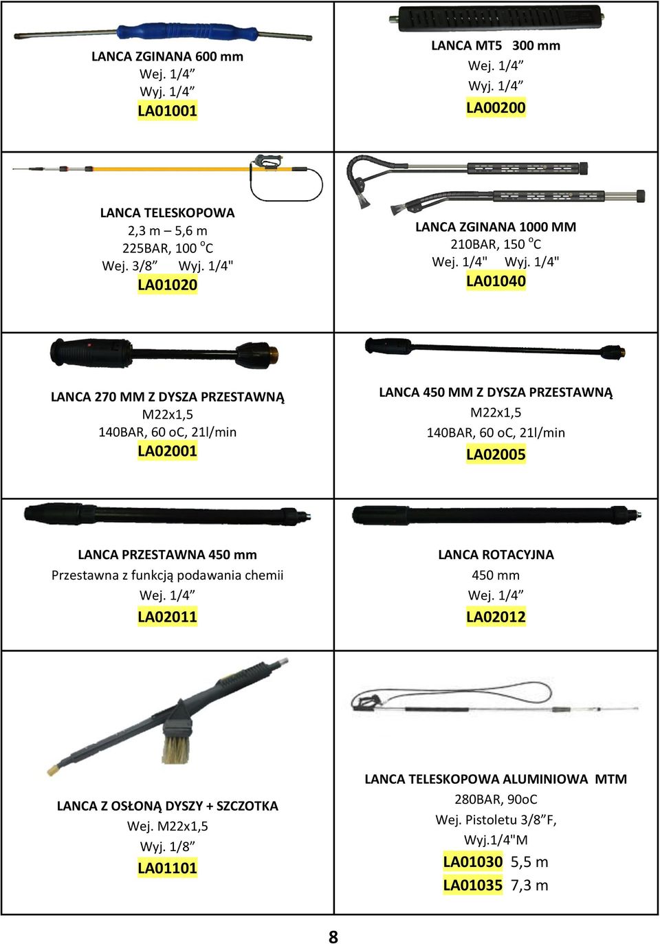 1/4" LA01040 LANCA 270 MM Z DYSZA PRZESTAWNĄ M22x1,5 140BAR, 60 oc, 21l/min LA02001 LANCA 450 MM Z DYSZA PRZESTAWNĄ M22x1,5 140BAR, 60 oc, 21l/min LA02005 LANCA