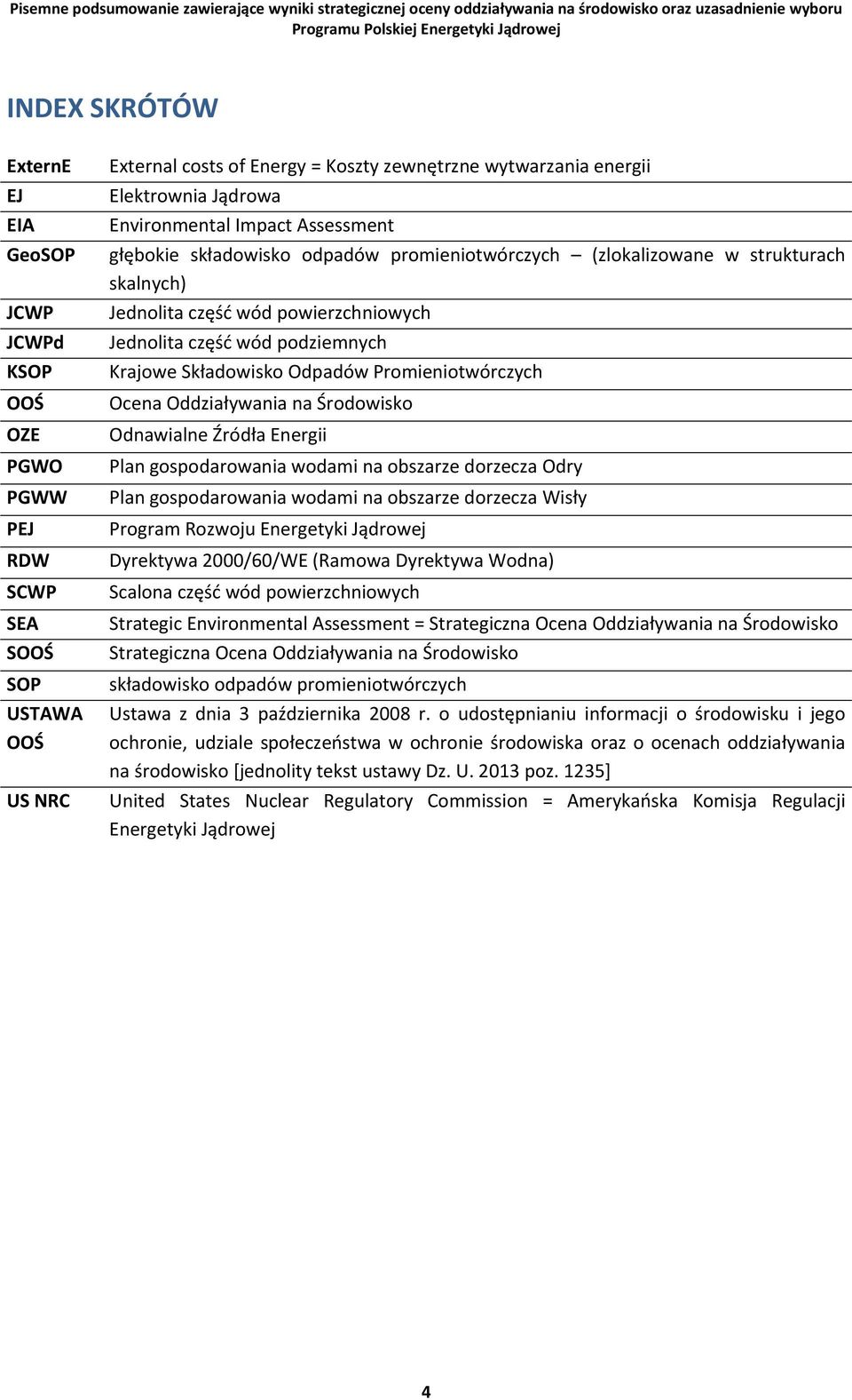 Składowisko Odpadów Promieniotwórczych Ocena Oddziaływania na Środowisko Odnawialne Źródła Energii Plan gospodarowania wodami na obszarze dorzecza Odry Plan gospodarowania wodami na obszarze dorzecza