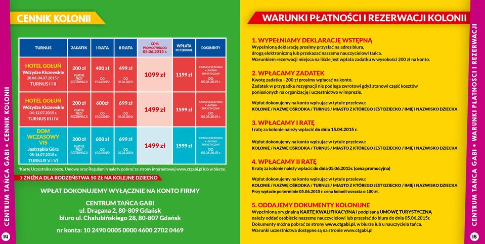 06.2015 r. WPŁATA PO TERMINIE 1099 zł 1199 zł 1499 zł 1599 zł KUMENTY KARTA UCZESTNIKA UMOWA turystyczna* 05.06.2015 r. KARTA UCZESTNIKA UMOWA turystyczna* 05.06.2015 r. *Kartę Uczestnika obozu, Umowę oraz Regulamin należy pobrać ze strony internetowej www.