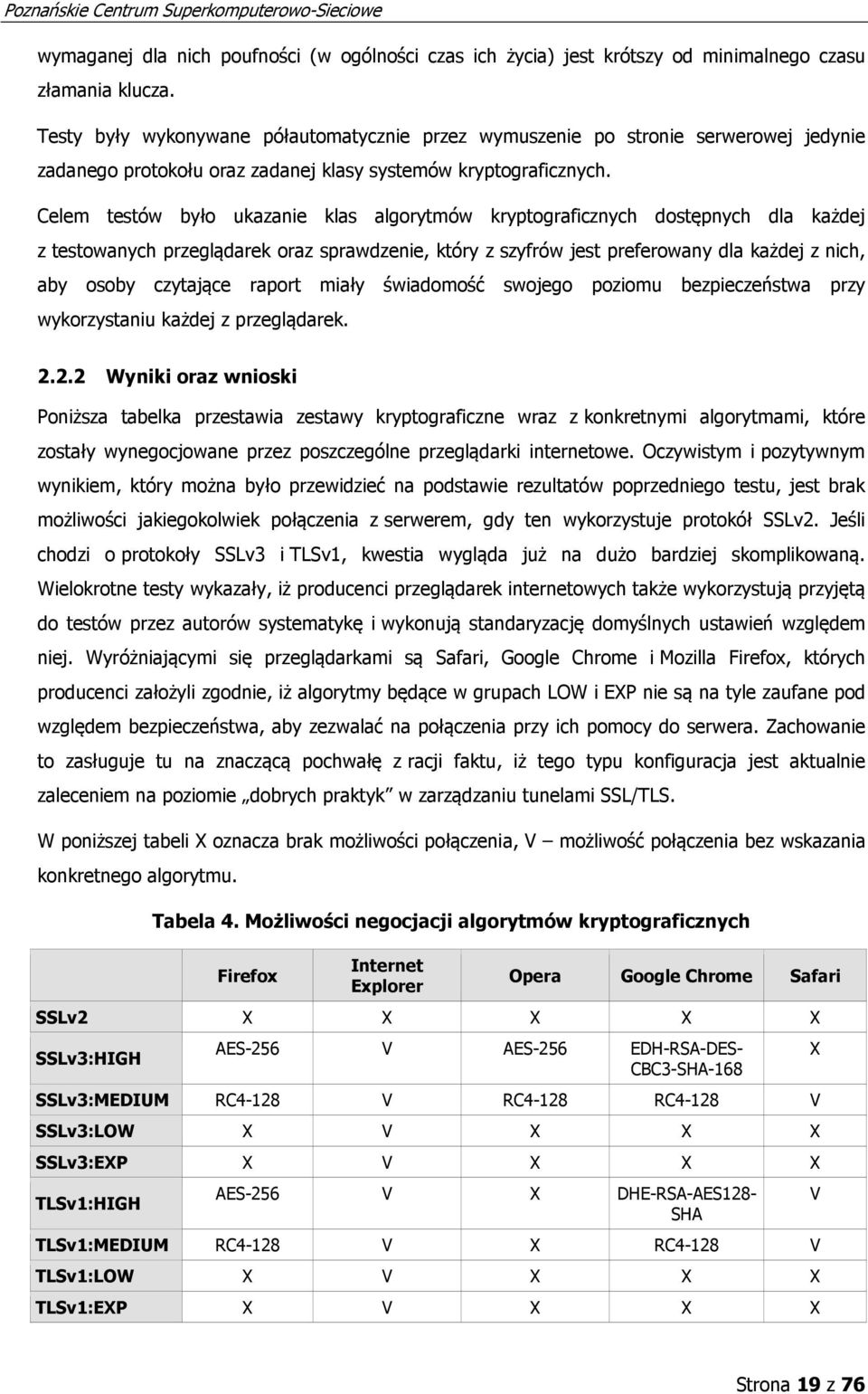 Celem testów było ukazanie klas algorytmów kryptograficznych dostępnych dla każdej z testowanych przeglądarek oraz sprawdzenie, który z szyfrów jest preferowany dla każdej z nich, aby osoby czytające