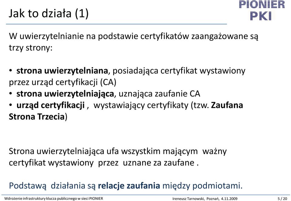 Zaufana Strona Trzecia) Strona uwierzytelniająca ufa wszystkim mającym ważny certyfikat wystawiony przez uznane za zaufane.