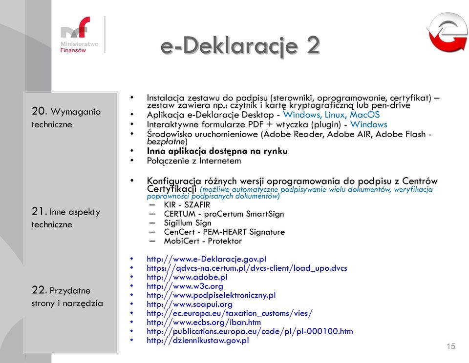 Reader, Adobe AIR, Adobe Flash - bezpłatne) Inna aplikacja dostępna na rynku Połączenie z Internetem Konfiguracja różnych wersji oprogramowania do podpisu z Centrów Certyfikacji (możliwe automatyczne