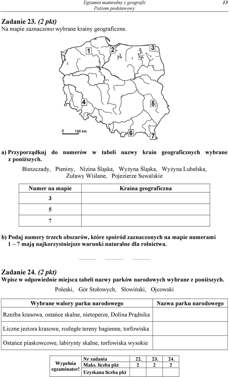 zaznaczonych na mapie numerami 1 7 mają najkorzystniejsze warunki naturalne dla rolnictwa.......... Zadanie 24. (2 pkt) Wpisz w odpowiednie miejsca tabeli nazwy parków narodowych wybrane z poniższych.