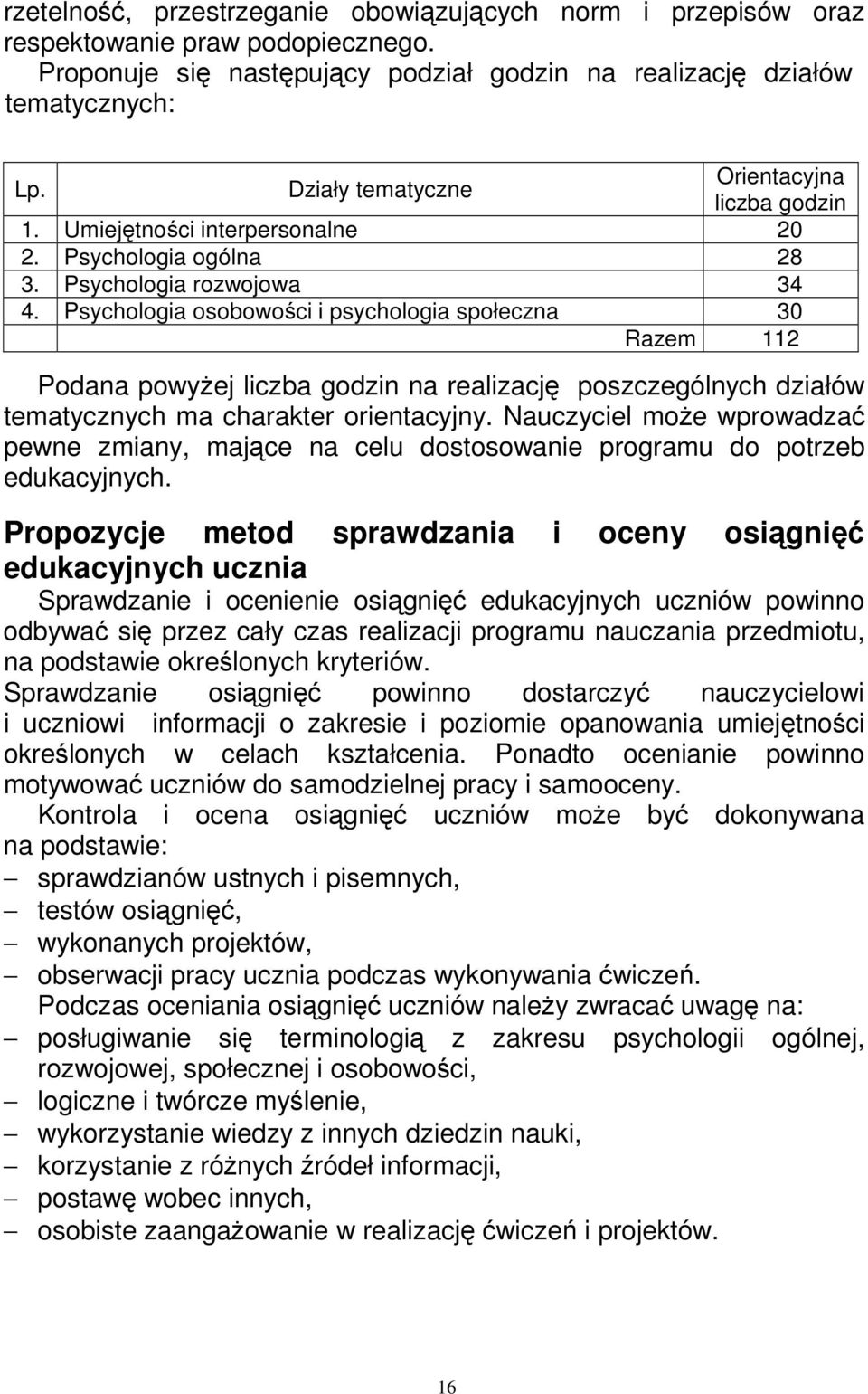 Psychologia osobowości i psychologia społeczna 30 Razem 112 Podana powyŝej liczba godzin na realizację poszczególnych działów tematycznych ma charakter orientacyjny.