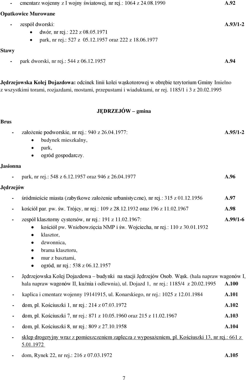 94 Jędrzejowska Kolej Dojazdowa: odcinek linii kolei wąskotorowej w obrębie terytorium Gminy Imielno z wszystkimi torami, rozjazdami, mostami, przepustami i wiaduktami, nr rej. 1185/1 i 3 z 20.02.
